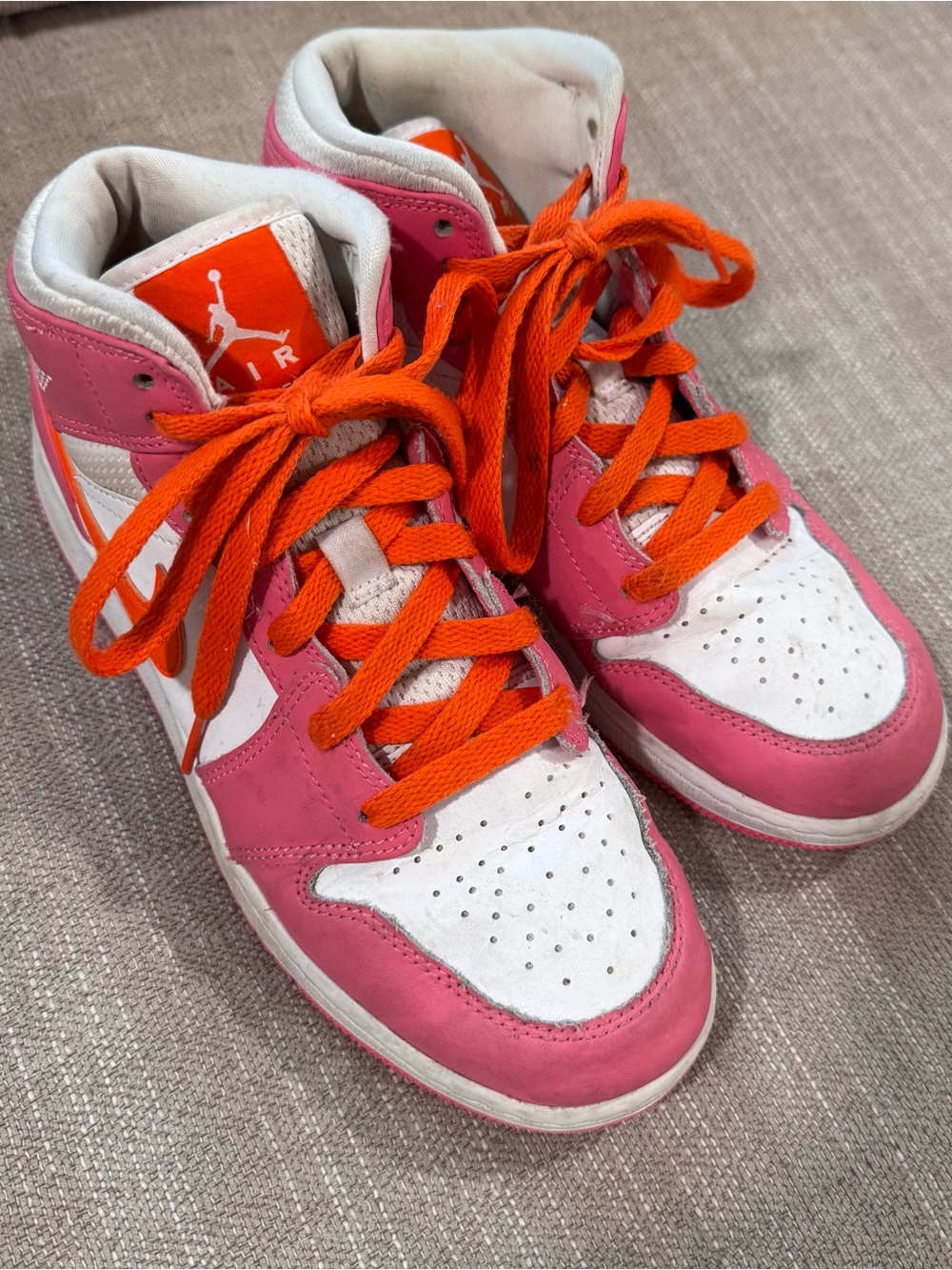 Jordan Kids High-Top Sneakers in Pink, Orange and White 6.5 Y